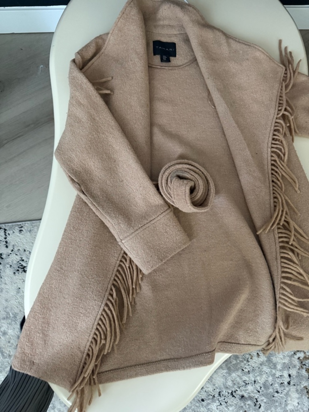 Tahari Camel Fringe Open Front Sweater Coat - Picture 2 of 2